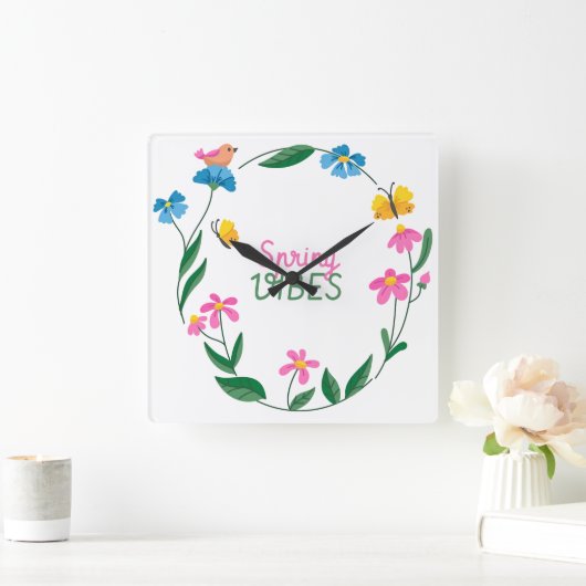 Spring Vibes with Flowers and Butterflies スクエア壁時計 (ホーム)