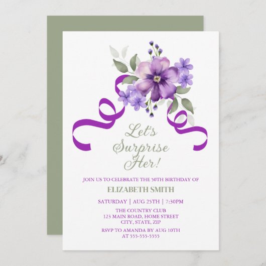 Spring Violet Flower Greenery Surprise Birthday 招待状 (正面/裏面)