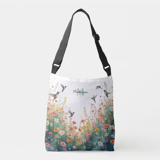 Spring Watercolor Birds Floral Monogram Wildflower クロスボディバッグ (正面)