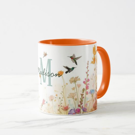 Spring Watercolor Birds Floral Monogram Wildflower マグカップ (正面右)