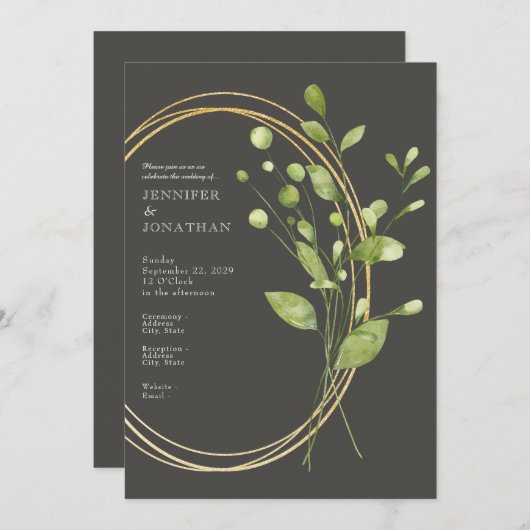 Spring Watercolor Green Leaves Wedding Invitation 招待状 (正面/裏面)