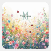 Spring Watercolor ladybug Floral Monogram Wildflow スクエアシール (正面)