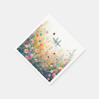 Spring Watercolor ladybug Floral Monogram Wildflow スタンダードカクテルナプキン