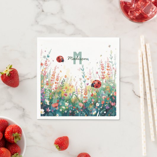Spring Watercolor ladybug Floral Monogram Wildflow スタンダードカクテルナプキン (インサイチュ)