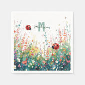 Spring Watercolor ladybug Floral Monogram Wildflow スタンダードカクテルナプキン (正面)