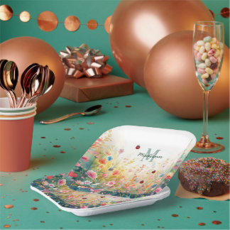 Spring Watercolor ladybug Floral Monogram Wildflow ペーパープレート