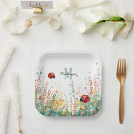 Spring Watercolor ladybug Floral Monogram Wildflow ペーパープレート
