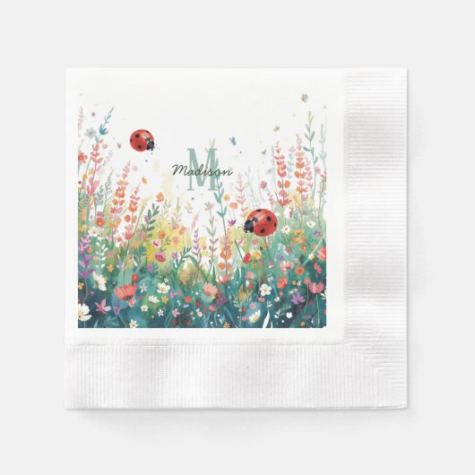 Spring Watercolor ladybug Floral Monogram Wildflow 縁ありカクテルナプキン (正面)