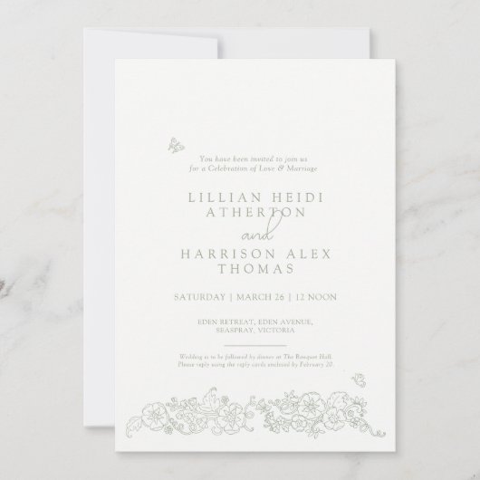 Spring wedding sage green white hand drawn art 招待状 (正面)