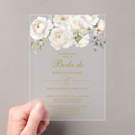 Spring white flower Wedding Invitation in Spanish アクリル招待状 (インサイチュ (ポータブル))