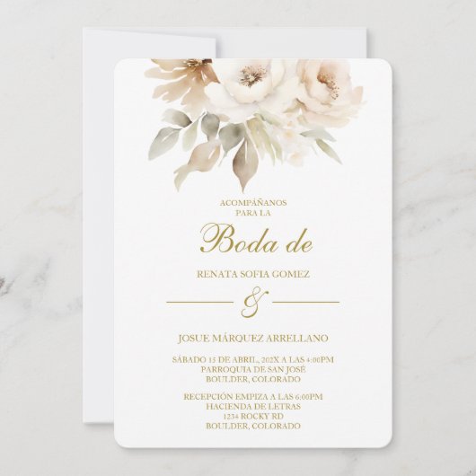 Spring white flower Wedding Invitation in Spanish 招待状 (正面)