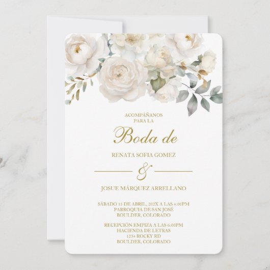 Spring white flower Wedding Invitation in Spanish 招待状 (正面)