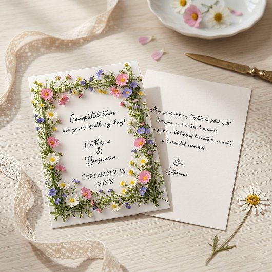 Spring Wildflower Border Wedding Congratulations カード