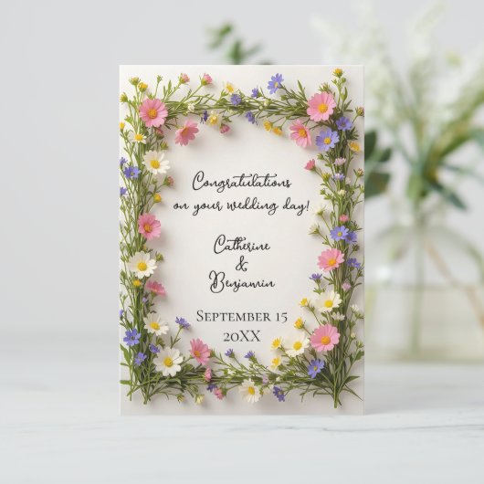 Spring Wildflower Border Wedding Congratulations カード (スタンド正面)