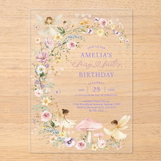 Spring Wildflower Fairy First 1st Birthday アクリル招待状 (正面)