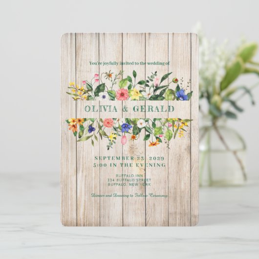 Spring Wildflowers on Wood Wedding Invitation 招待状 (スタンド正面)