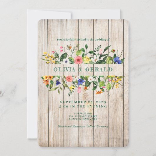 Spring Wildflowers on Wood Wedding Invitation  招待状 (正面)