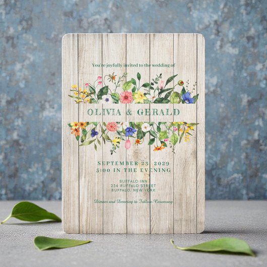 Spring Wildflowers on Wood Wedding Invitation  招待状