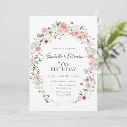 Spring Wildflowers Purple Pink 50th Birthday  招待状 (スタンド正面)