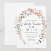 Spring Wildflowers Purple Pink 50th Birthday  招待状 (正面/裏面)