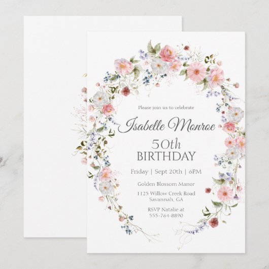 Spring Wildflowers Purple Pink 50th Birthday  招待状 (正面/裏面)