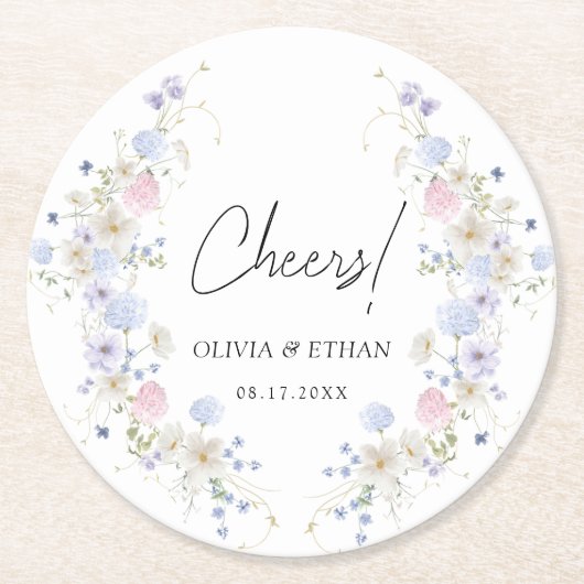 Spring Wildflowers Purple Pink Wedding Cheers ラウンドペーパーコースター (正面)