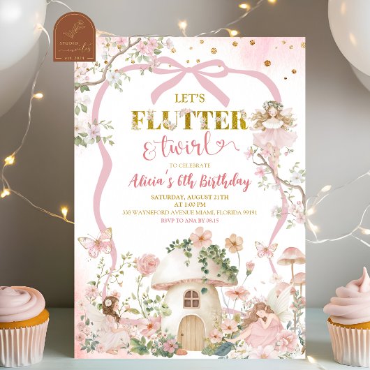 Spring woodland fairy flutter and twirl birthday 招待状