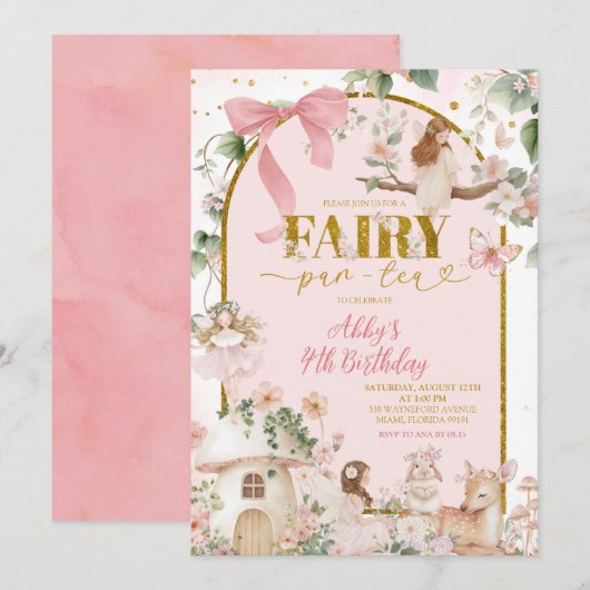 Spring woodland tea party fairy birthday  招待状 (正面/裏面)