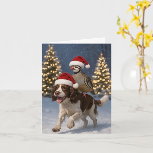 Springer Spaniel and Partridge Christmas card カード (黄色い花)