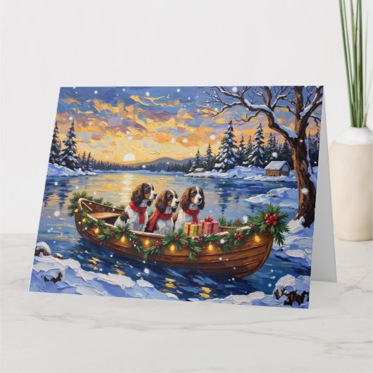 Springer Spaniel Christmas Boat Holiday カード (正面)
