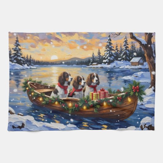 Springer Spaniel Christmas Boat Holiday キッチンタオル (横)