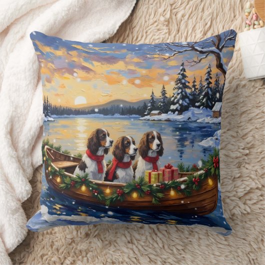 Springer Spaniel Christmas Boat Holiday クッション (ブランケット)