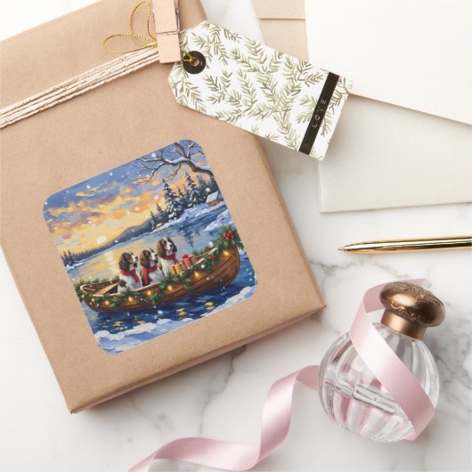 Springer Spaniel Christmas Boat Holiday スクエアシール (ギフト)