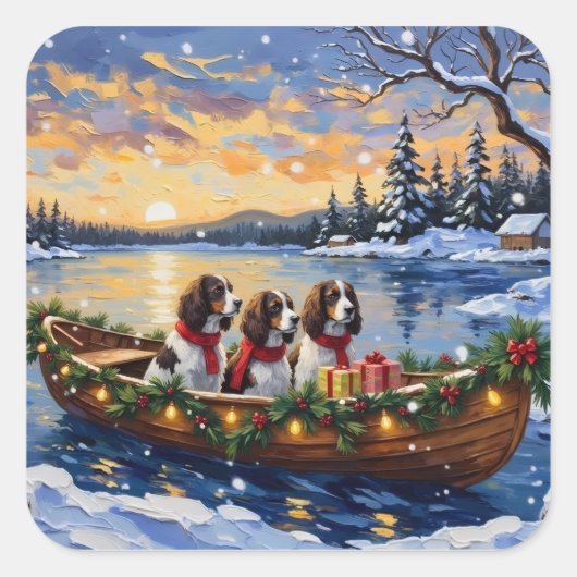 Springer Spaniel Christmas Boat Holiday スクエアシール (正面)