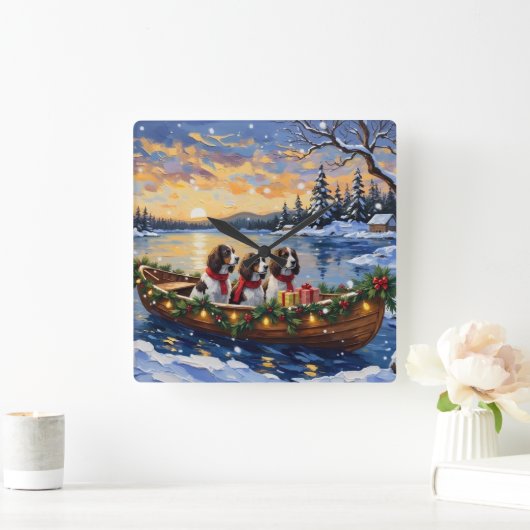 Springer Spaniel Christmas Boat Holiday スクエア壁時計 (ホーム)