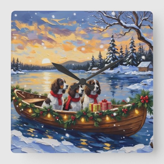 Springer Spaniel Christmas Boat Holiday スクエア壁時計 (正面)