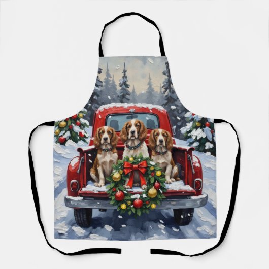 Springer Spaniel Christmas Red Truck Holiday エプロン (正面)