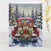Springer Spaniel Christmas Red Truck Holiday カード (黄色い花)