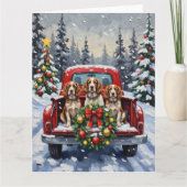 Springer Spaniel Christmas Red Truck Holiday カード (正面)
