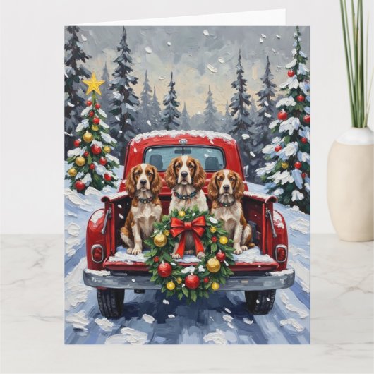 Springer Spaniel Christmas Red Truck Holiday カード (正面)