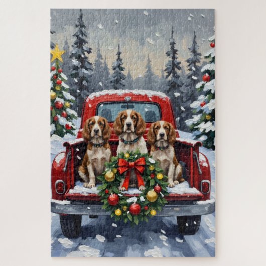 Springer Spaniel Christmas Red Truck Holiday ジグソーパズル (縦)