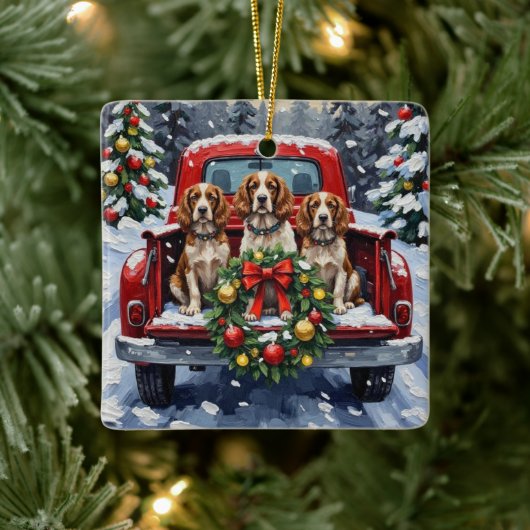Springer Spaniel Christmas Red Truck Holiday セラミックオーナメント (ツリー)