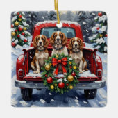 Springer Spaniel Christmas Red Truck Holiday セラミックオーナメント (正面)