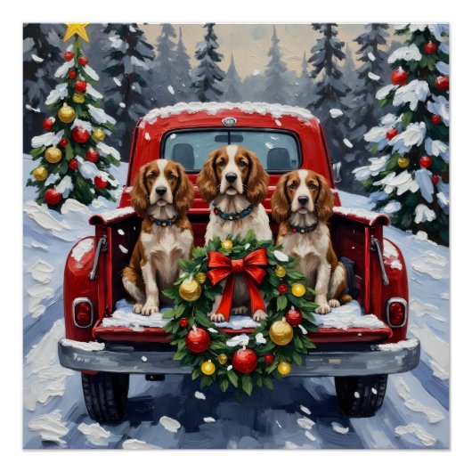 Springer Spaniel Christmas Red Truck Holiday ポスター (正面)