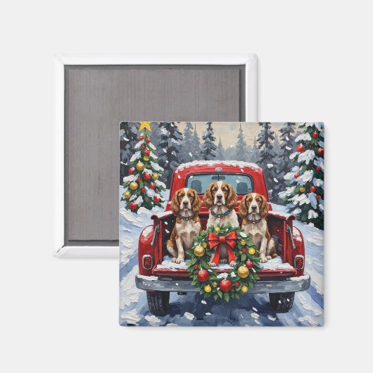 Springer Spaniel Christmas Red Truck Holiday マグネット (正面/裏面)