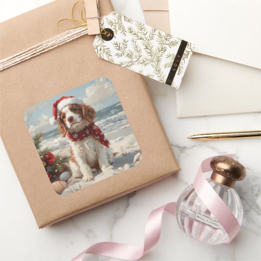 Springer Spaniel Dog Christmas Vintage Beach スクエアシール (ギフト)
