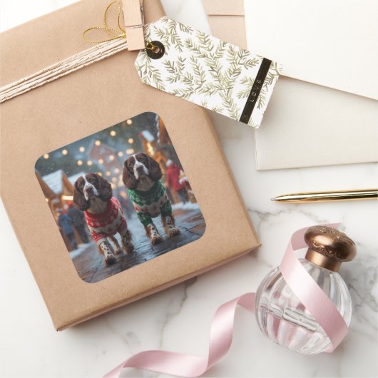 Springer Spaniel Dogs Christmas Snow Holiday スクエアシール (ギフト)