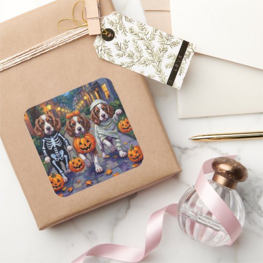 Springer Spaniel Dogs In Halloween Costumes スクエアシール (ギフト)