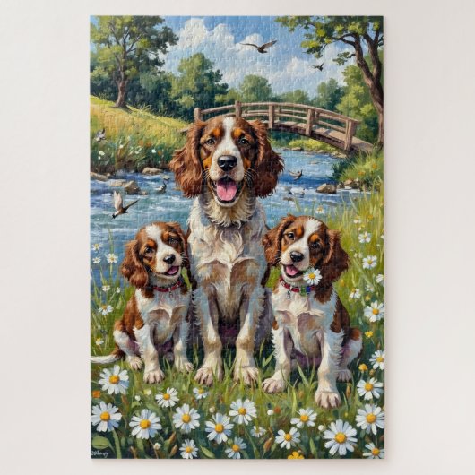 Springer Spaniel Riverside Daisy Art ジグソーパズル (縦)