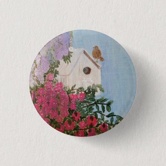 Springtime Birdhouse Pin Button 缶バッジ (正面)